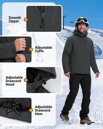 33,000ft mens warm winter jacket hooded puffer adjustable hem cuffs for draft protection.