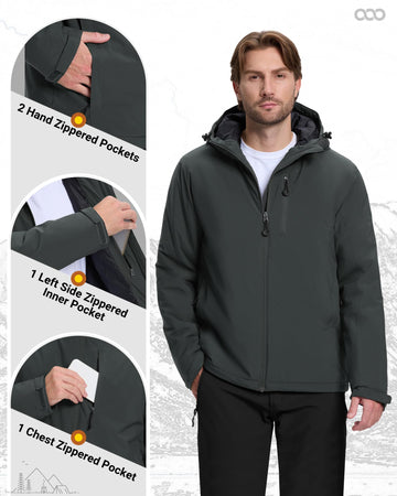33,000ft mens warm winter jacket hooded puffer four-pocket design for gear organization.