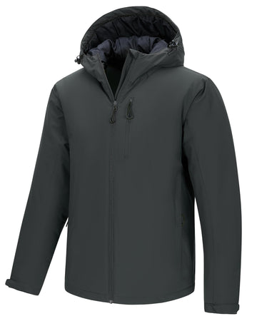 33,000ft mens warm winter jacket hooded puffer front view shows water-resistant fabric for rainy days.