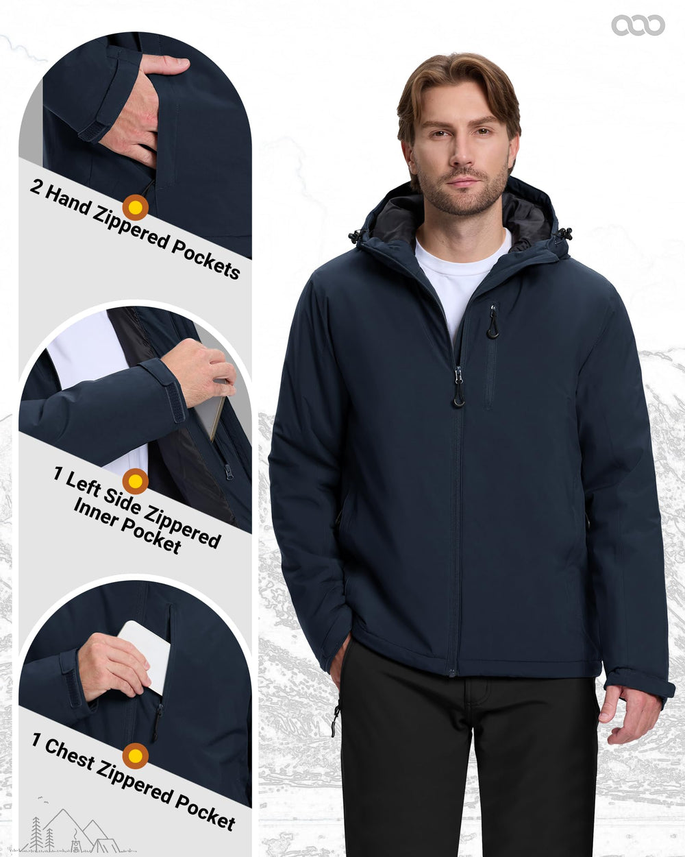 33,000ft men's windproof hooded jacket protects against cold gusts.