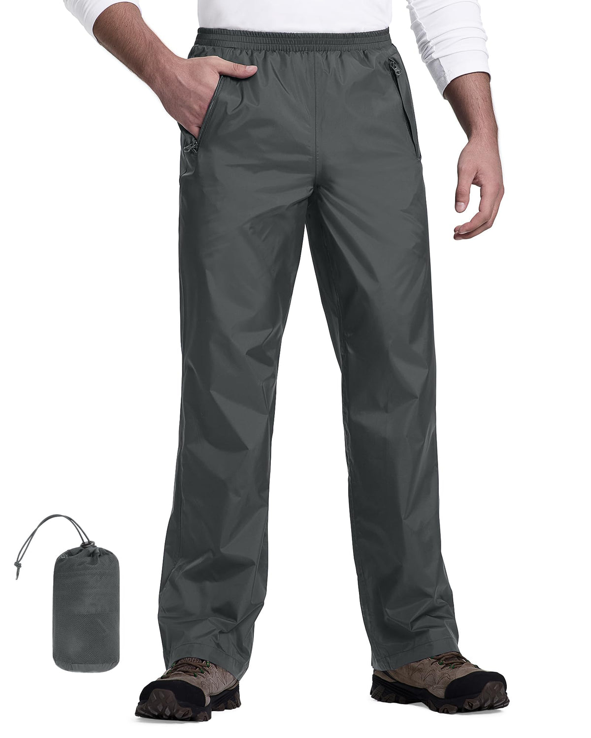 33,000ft packable rain pants folded in bag for easy travel protection.