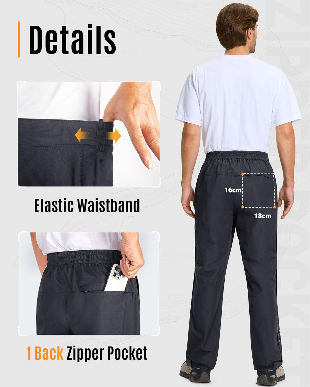 33,000ft rain pants back pocket zip secures small items.