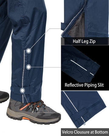 33,000ft navy rain pants with zip pockets provide secure storage on outdoor trips.