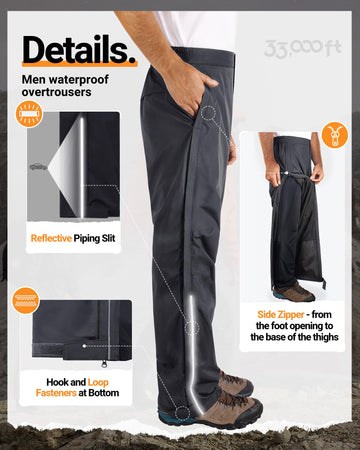 33,000ft rain pants reflective strips boost visibility in low light.