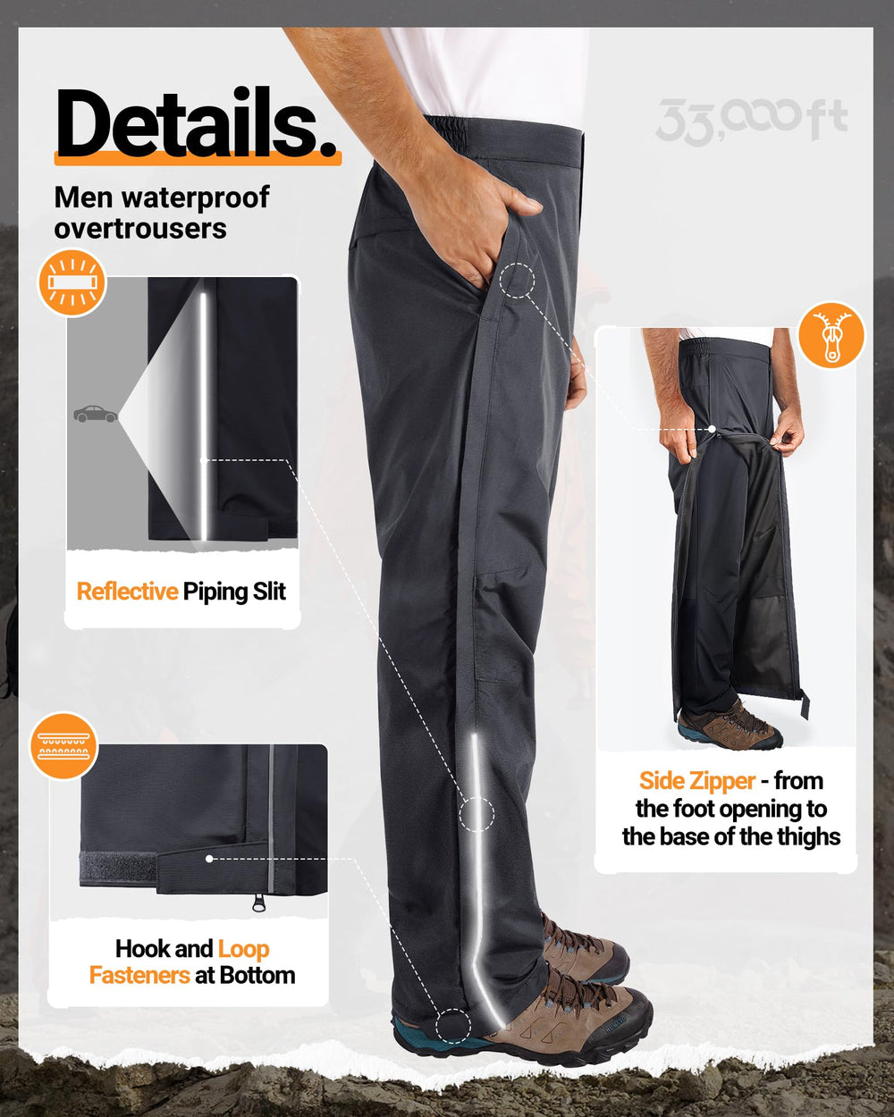 33,000ft rain pants reflective strips boost visibility in low light.