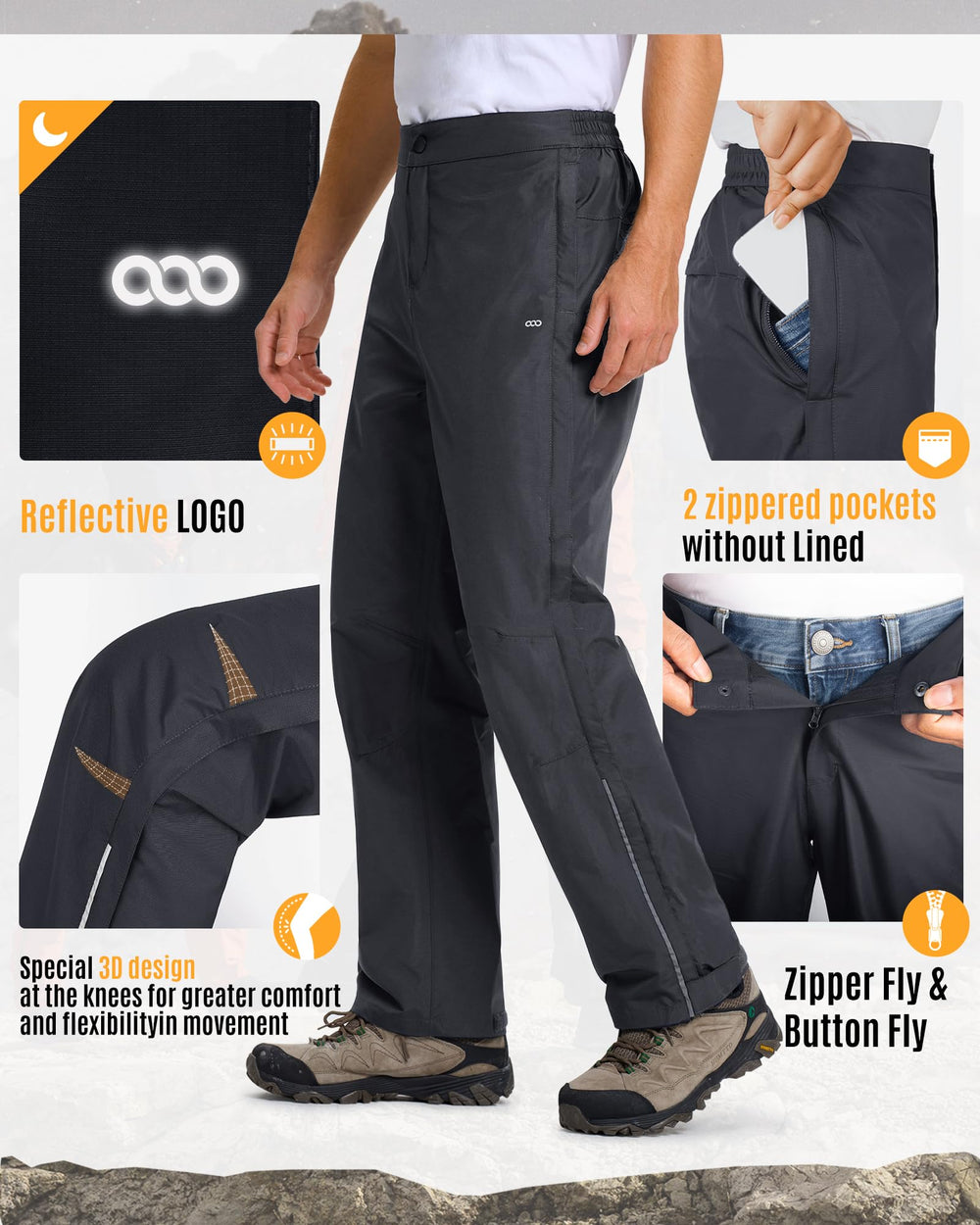 33,000ft rain pants Velcro cuffs allow adjustable leg width.