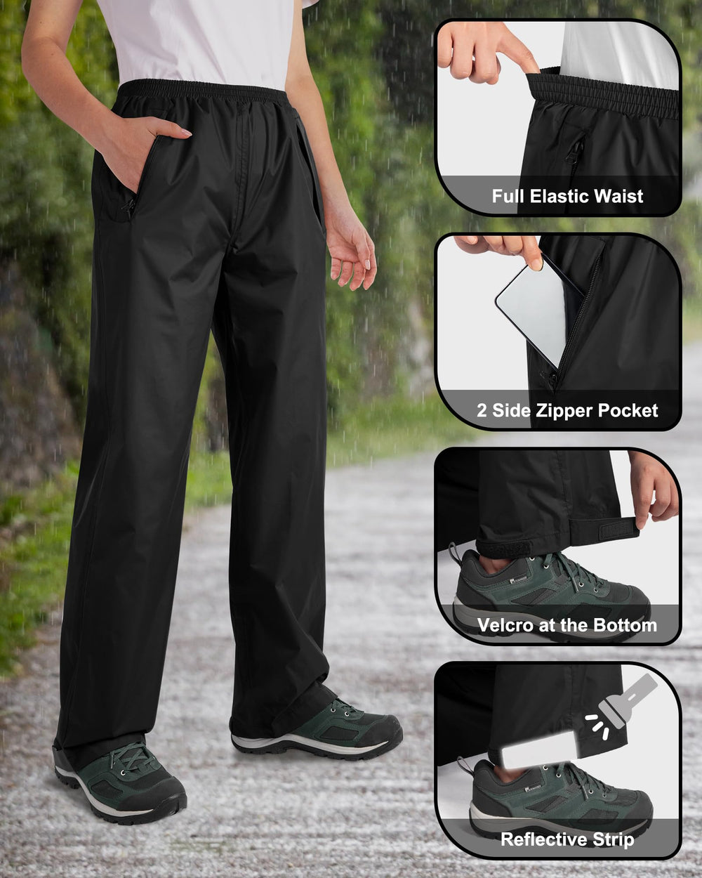 33,000ft rain pants leg Velcro closure closeup, adjustable width for terrain