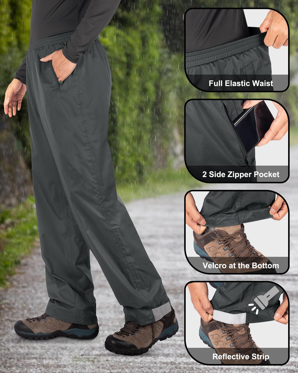 33,000ft velcro-bottom rain pants offer adjustable leg fit.