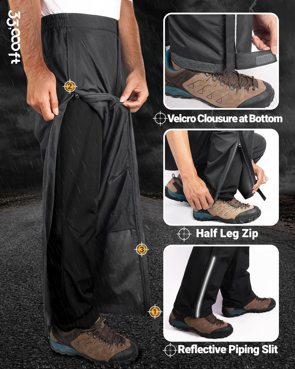 Velcro-hem adjustment on 33,000ft rain pants for a tailored fit