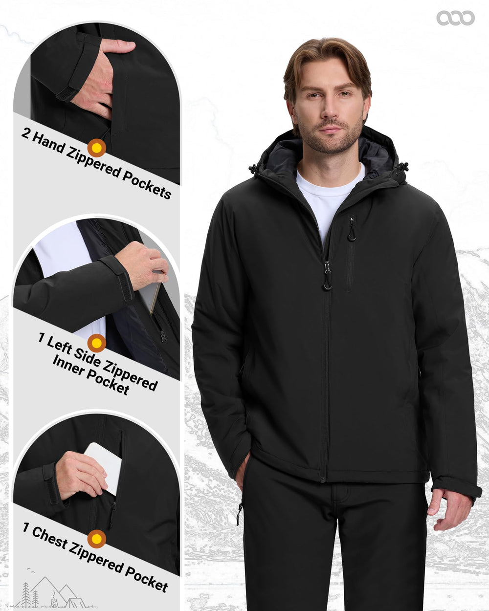 33000ft water-repellent fabric on the shell for rain-snow protection.