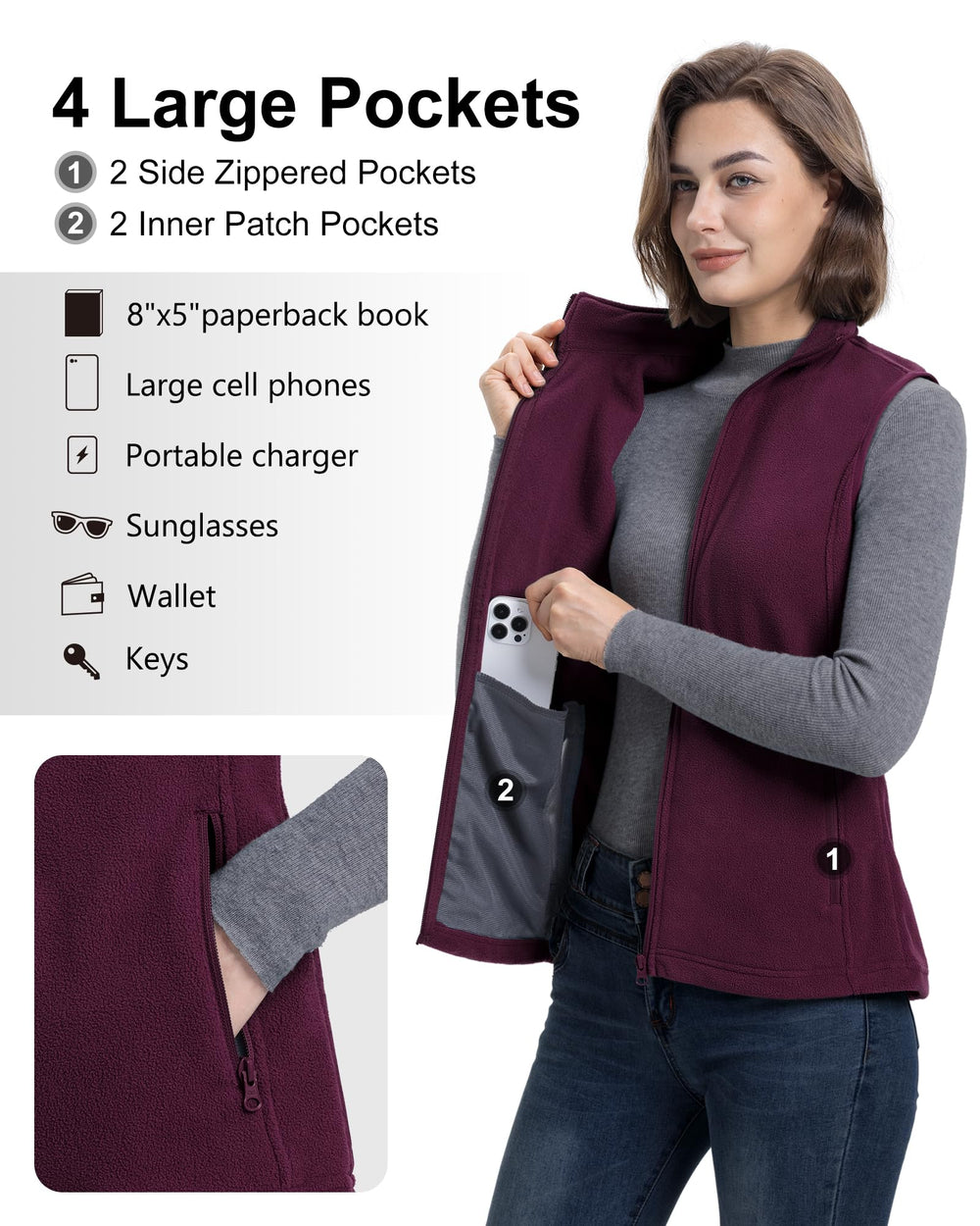 33,000ft women's fleece vest pocket detail with secure zip pockets
