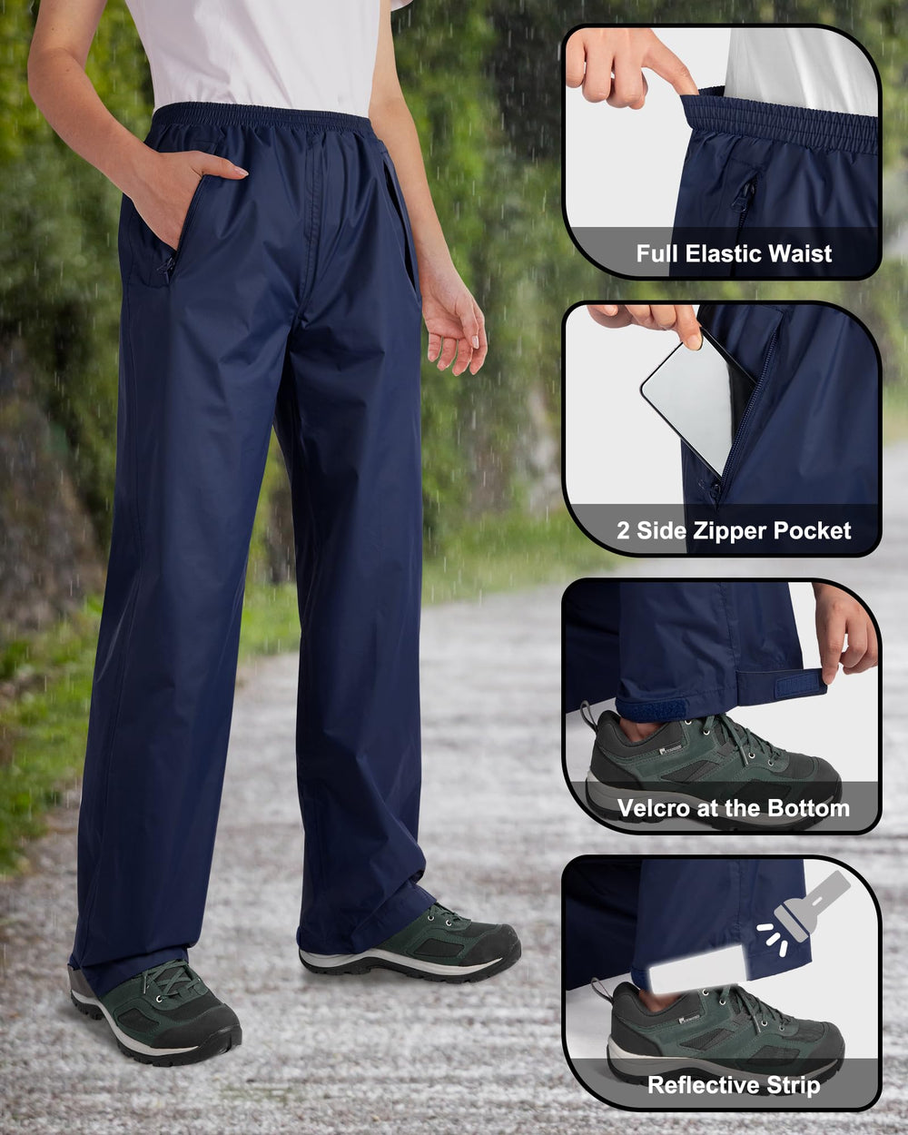 33,000ft women's navy rain pants leg with Velcro closure for adjustable width