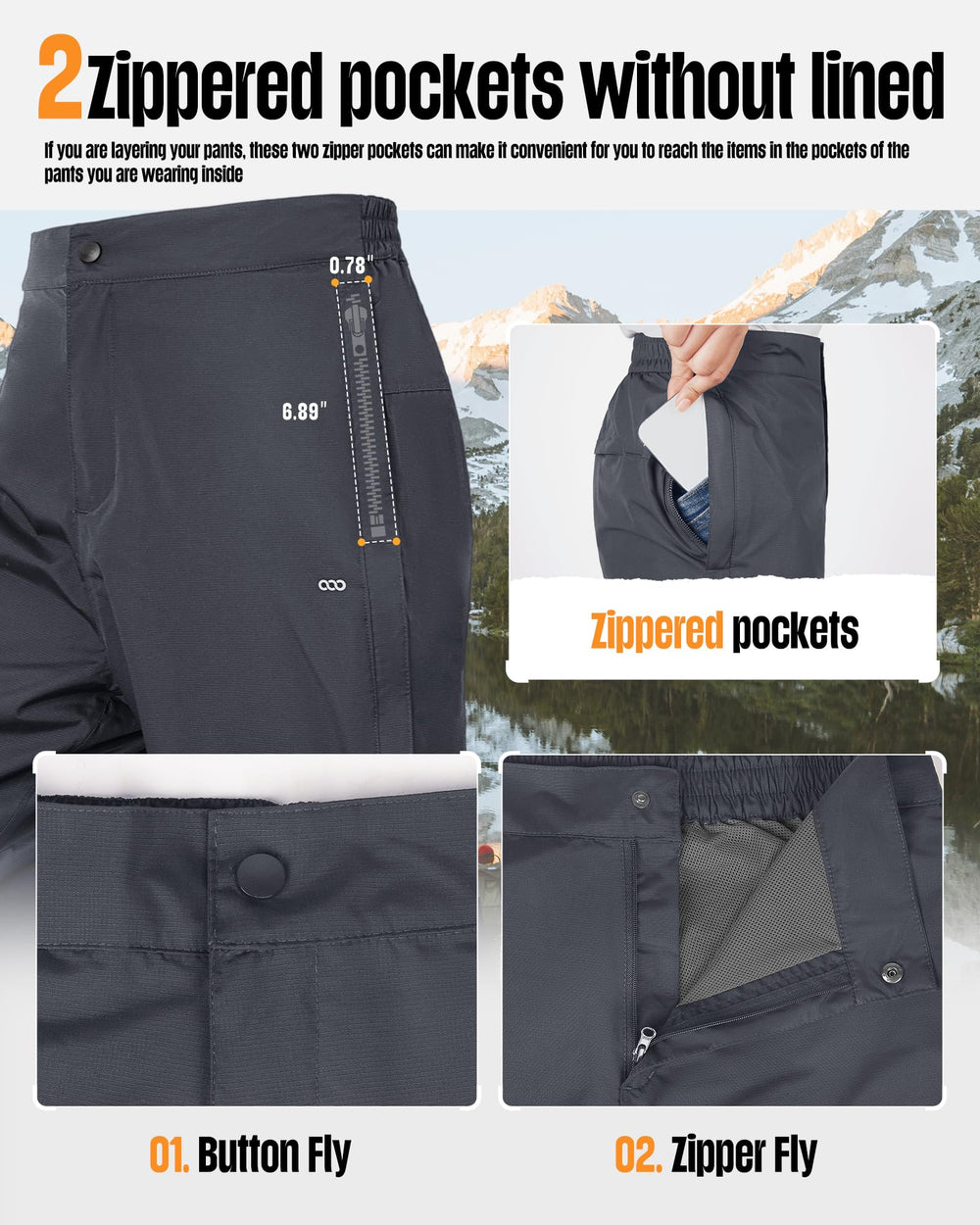 33,000ft rain pants venting side zip for adjustable airflow
