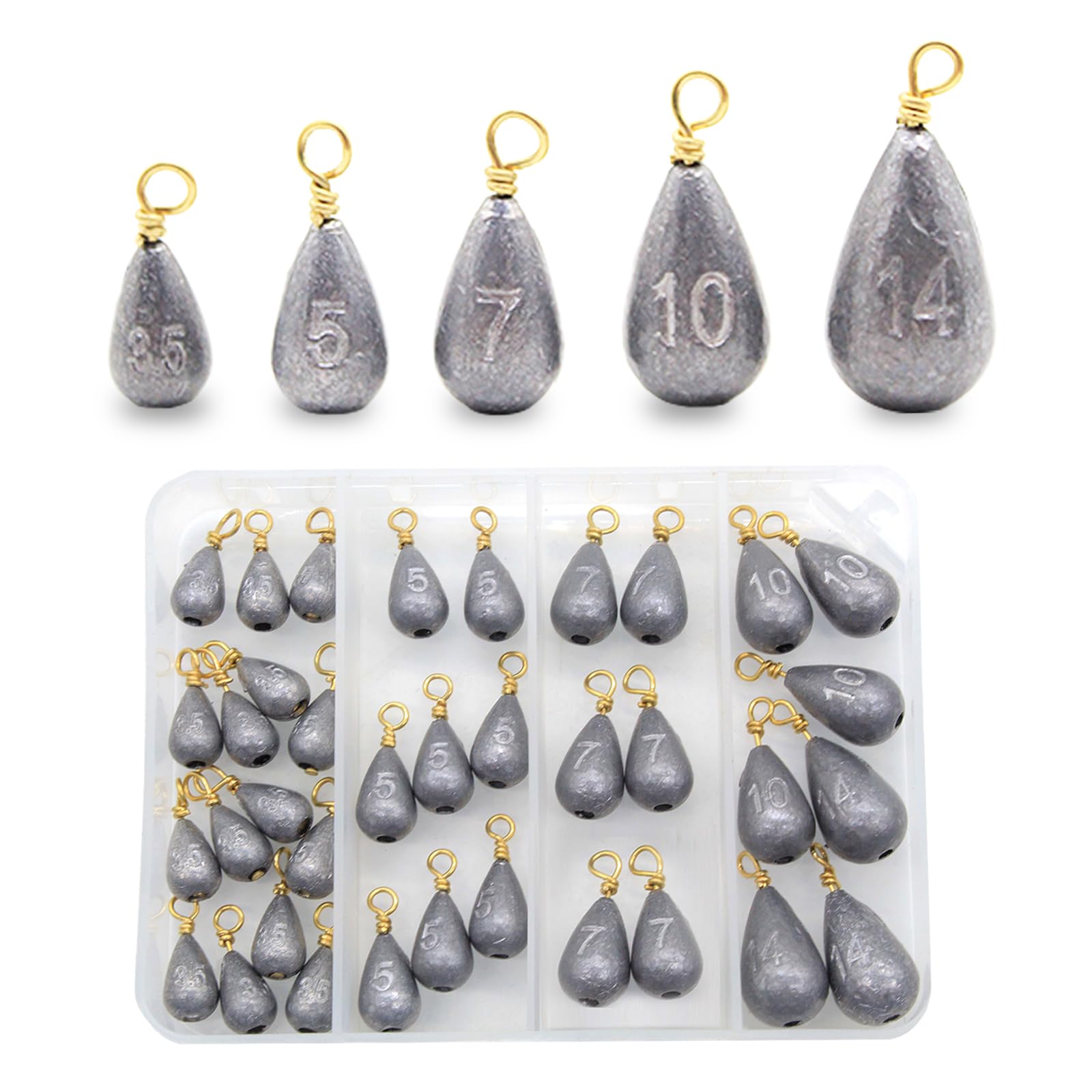 36-piece fishing sinkers kit in a transparent storage case