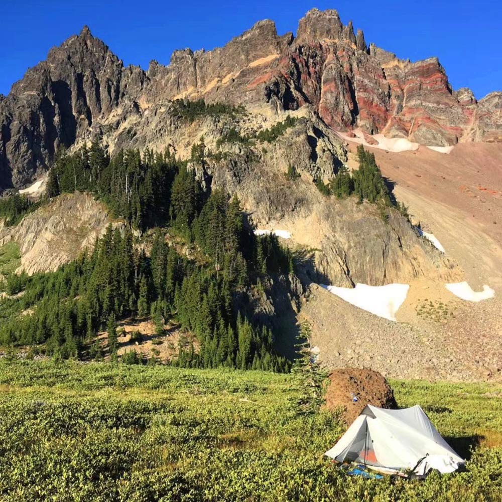 3F UL Gear Lanshan 2 green tent staked on campsite shows stable shelter in breeze