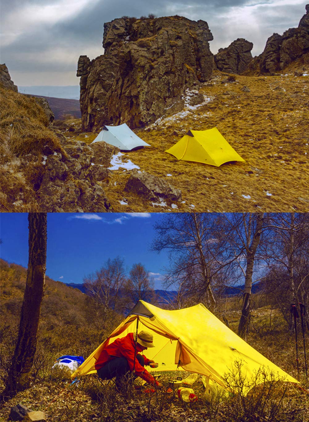 3F UL Gear Lanshan 2 trekking-pole setup in action demonstrates rodless efficiency