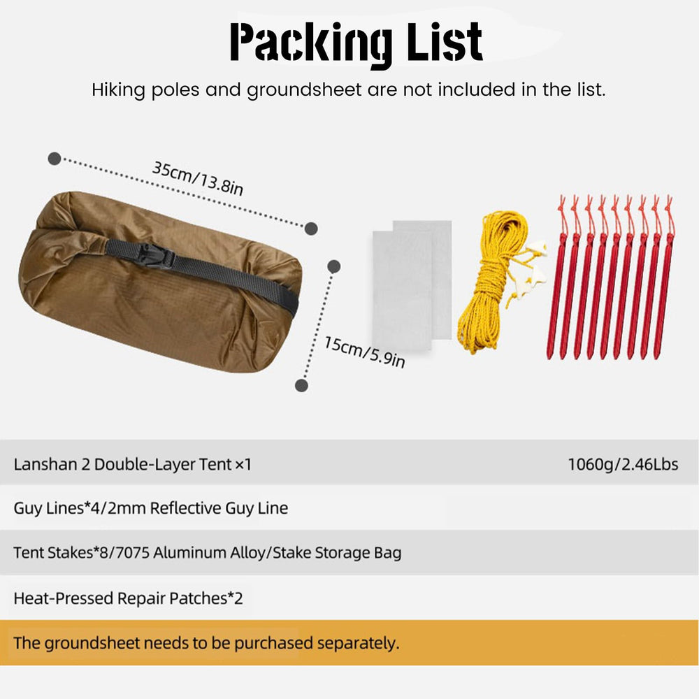 3F UL Gear Lanshan 2 carry bag confirms lightweight shelter option.