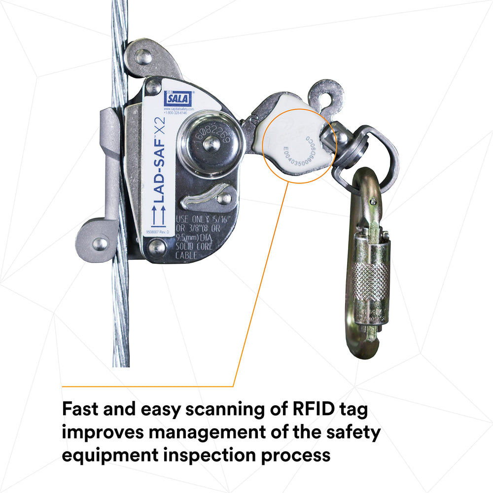 3M DBI-SALA Lad-Saf sleeve auto-traveler follows climber along lifeline.