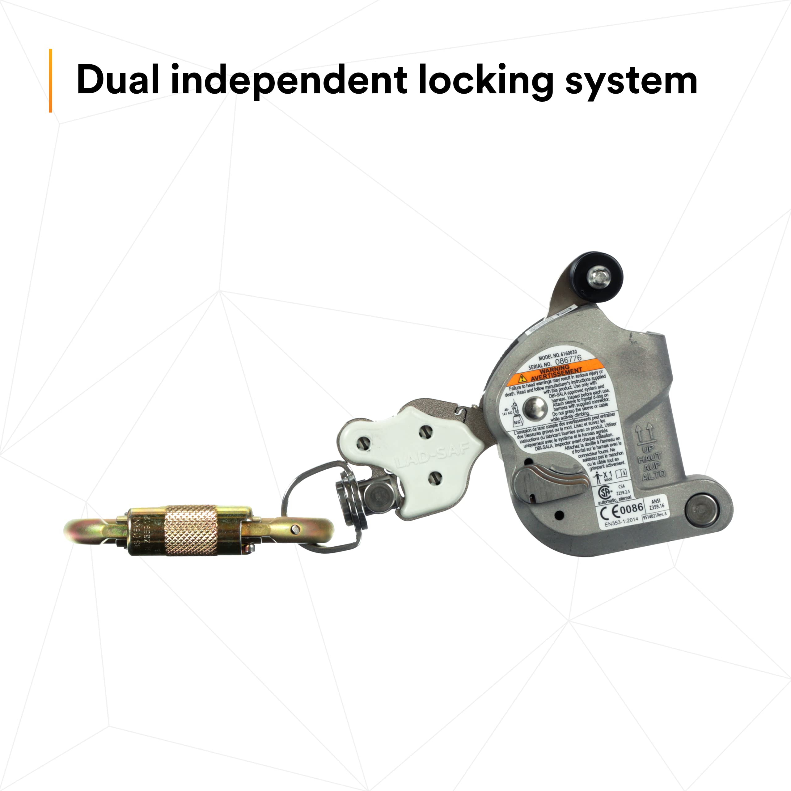 3M DBI-SALA Lad-Saf sleeve with zinc-coated carabiner for reliable hardware.