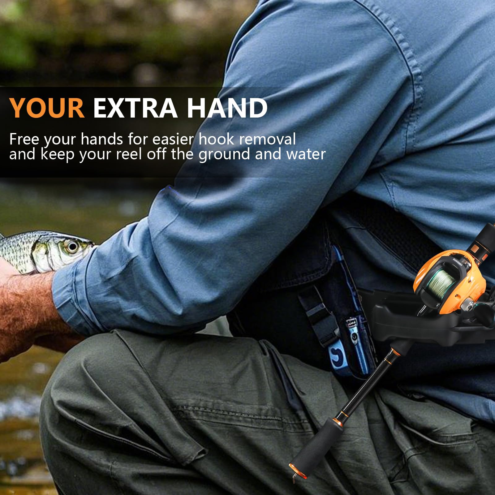 Fly fishing setup with rod holder and gear on bank/wading belt