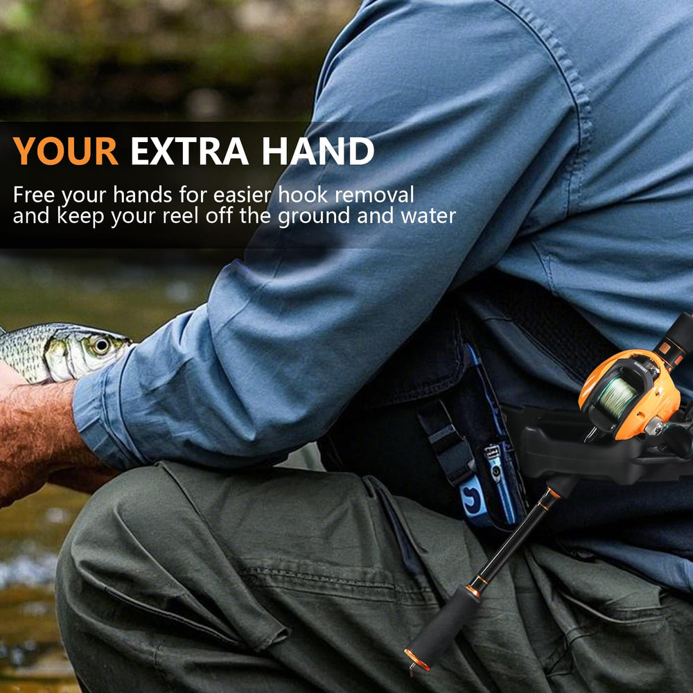 Fly fishing setup with rod holder and gear on bank/wading belt