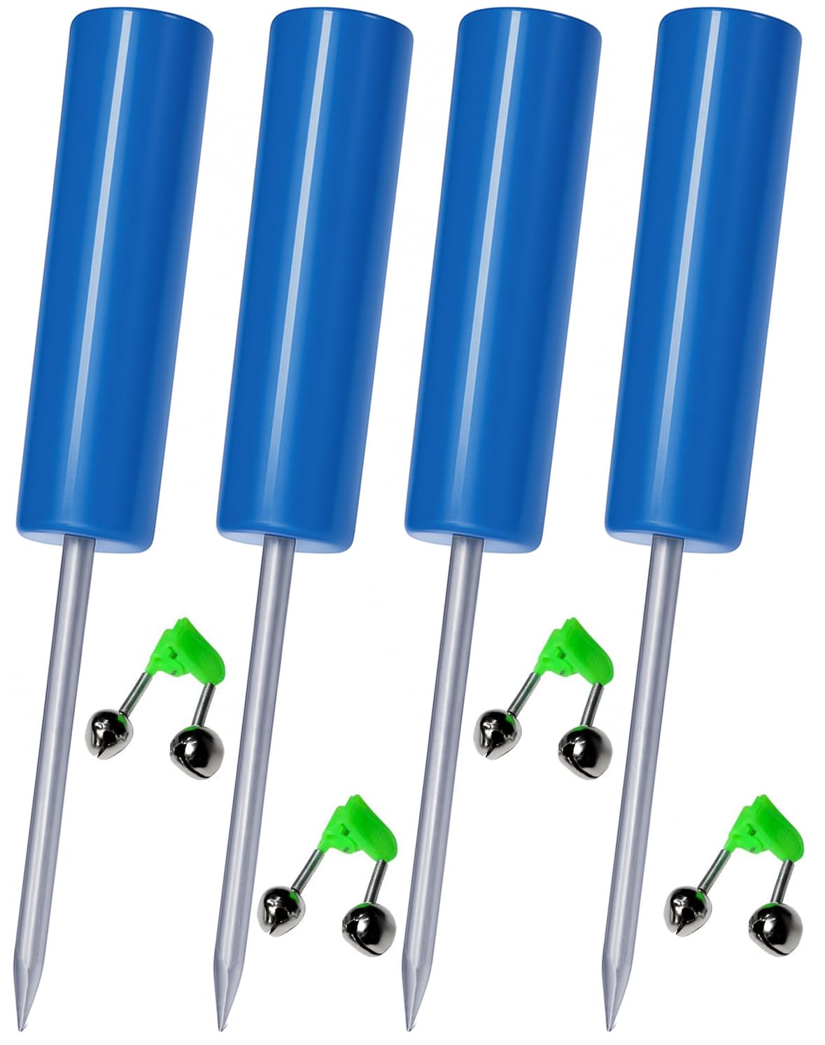 Blue reinforced PVC fishing rod holders standing in sand