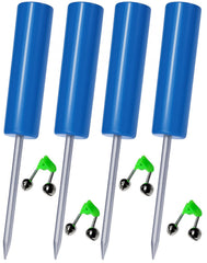 Blue reinforced PVC fishing rod holders standing in sand