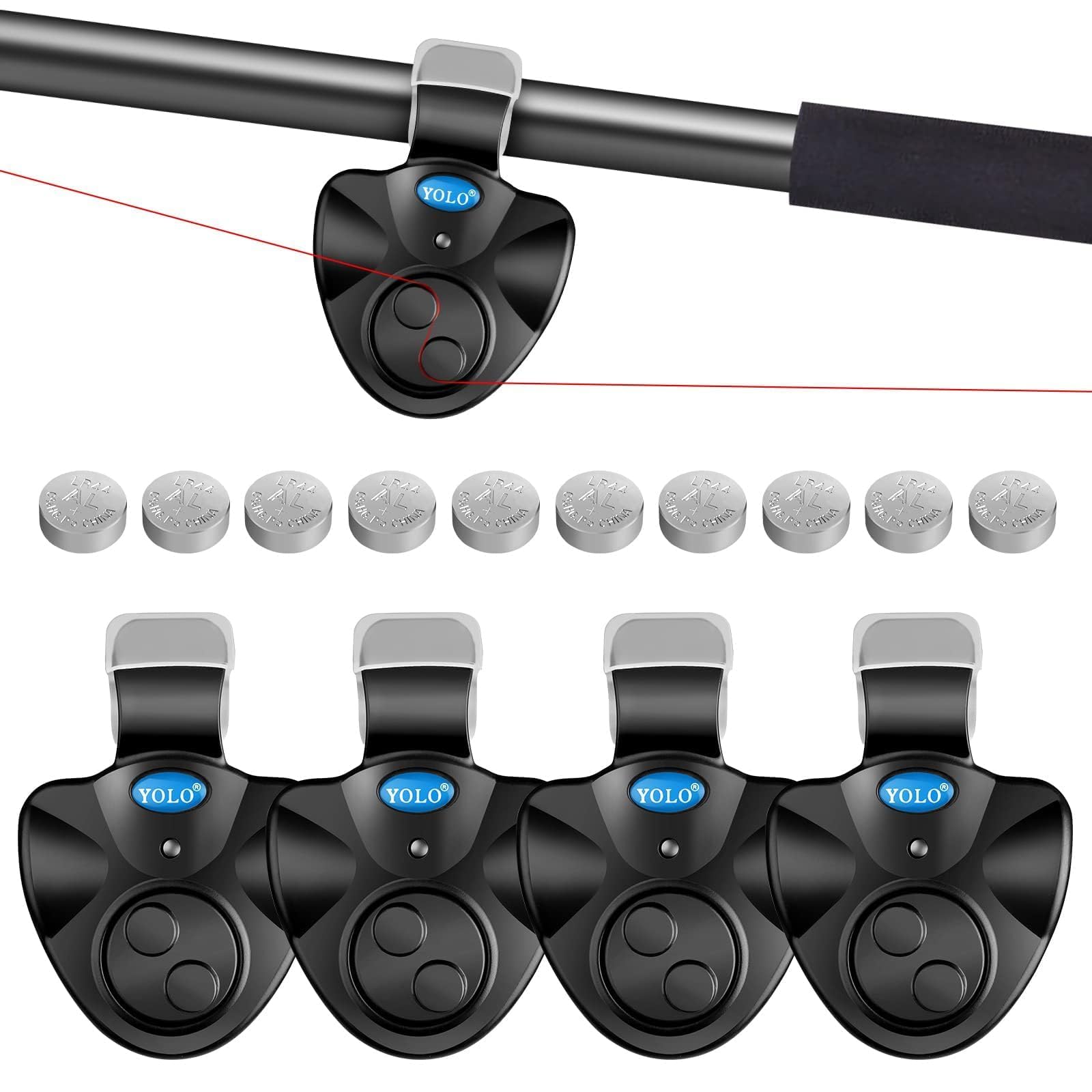 Front view of the 4-piece fishing bite alarms with sound alarm and LED indicators