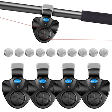 Front view of the 4-piece fishing bite alarms with sound alarm and LED indicators