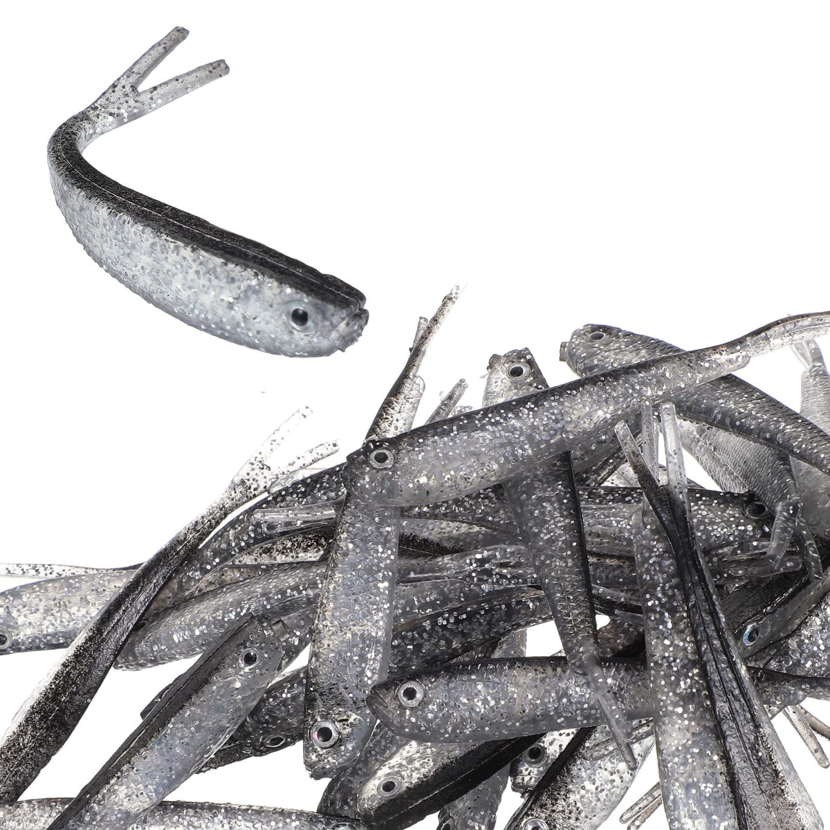 40-piece set of gray forked-tail soft fishing lures in a bag