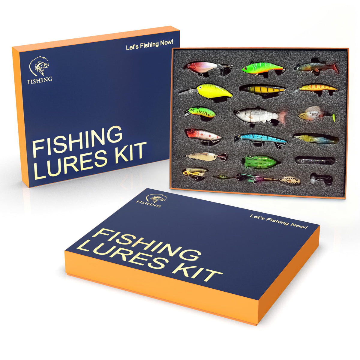 Front view of 41-piece fishing lure kit in gift box
