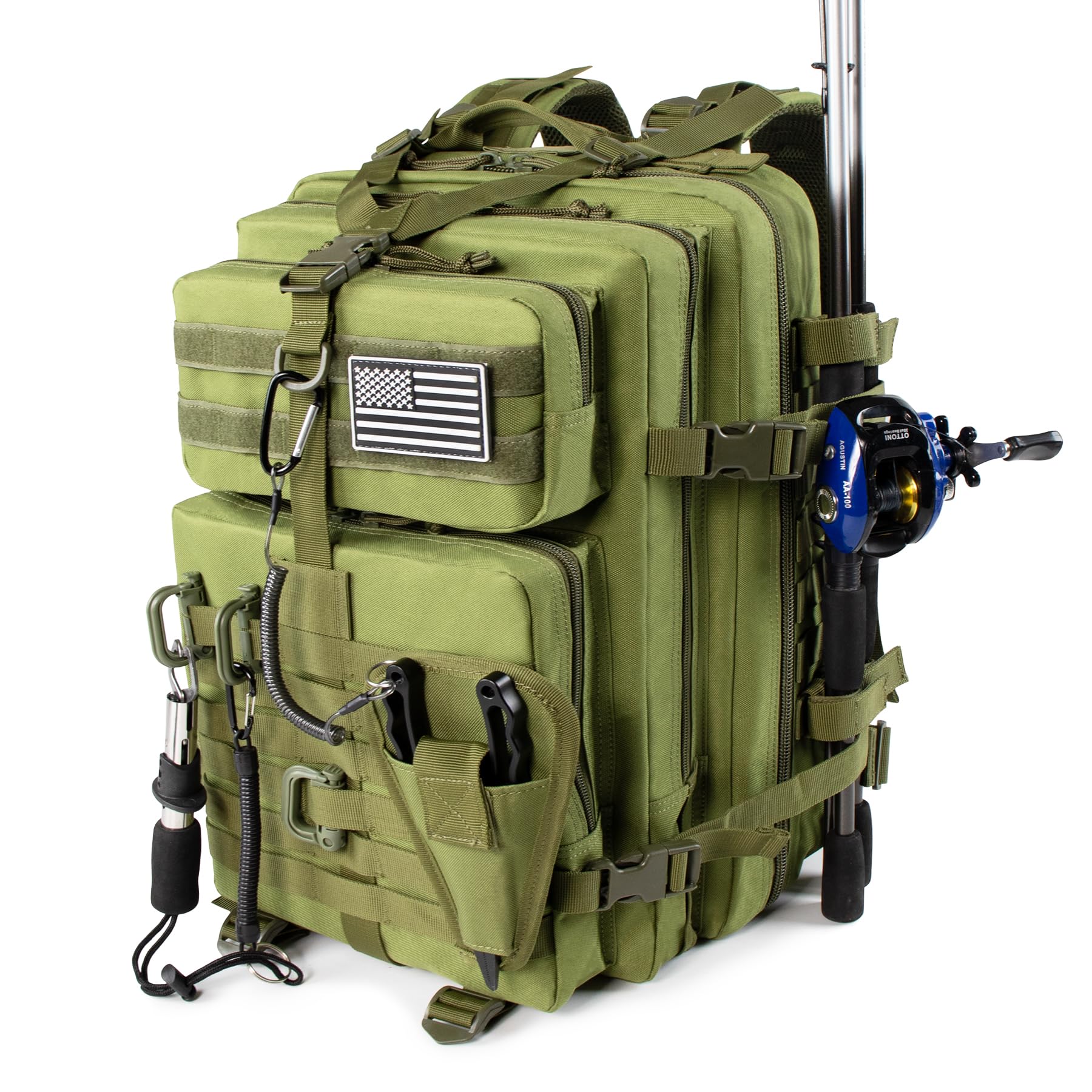 Front view of 45L fishing tackle backpack in green