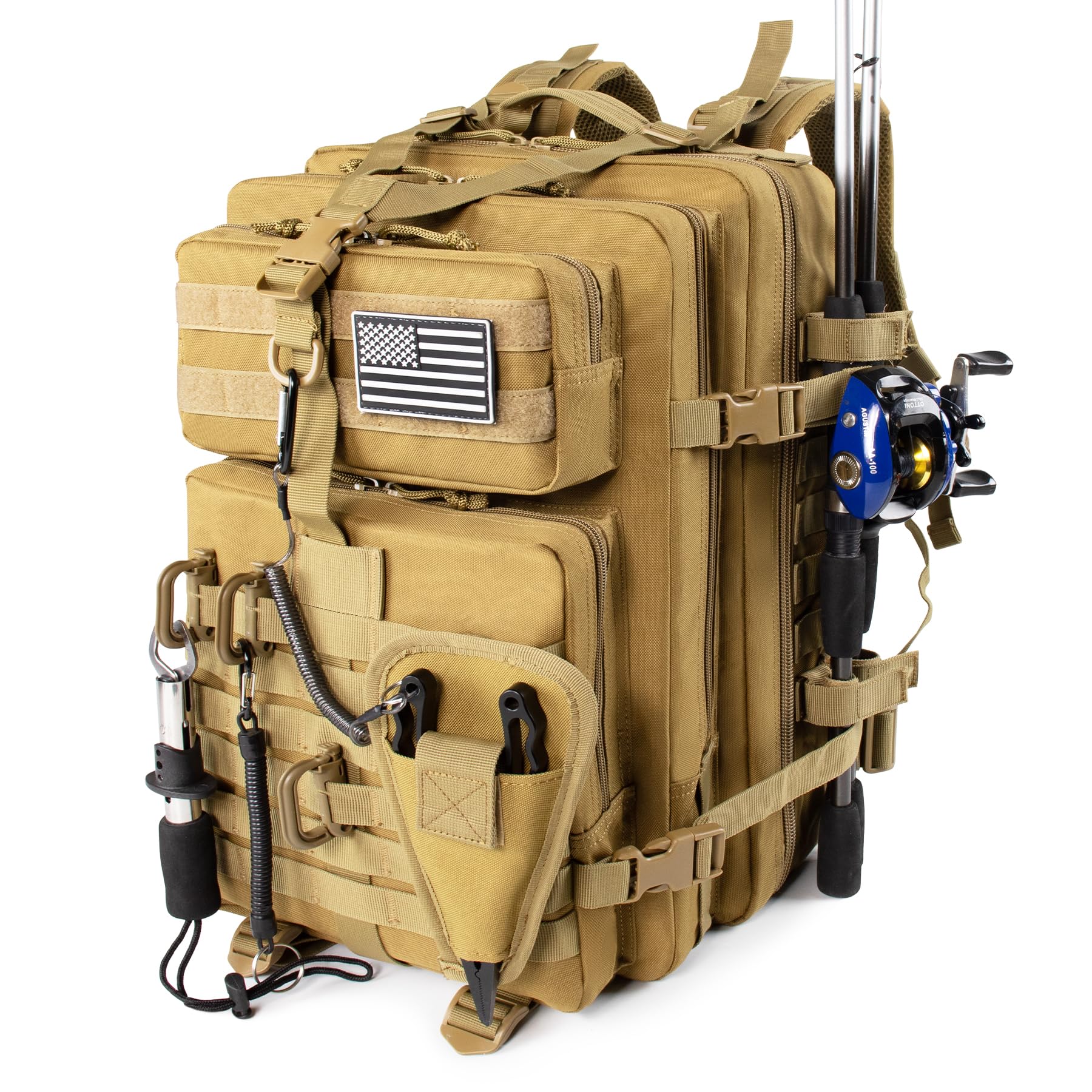 Khaki 45L fishing tackle backpack exterior view