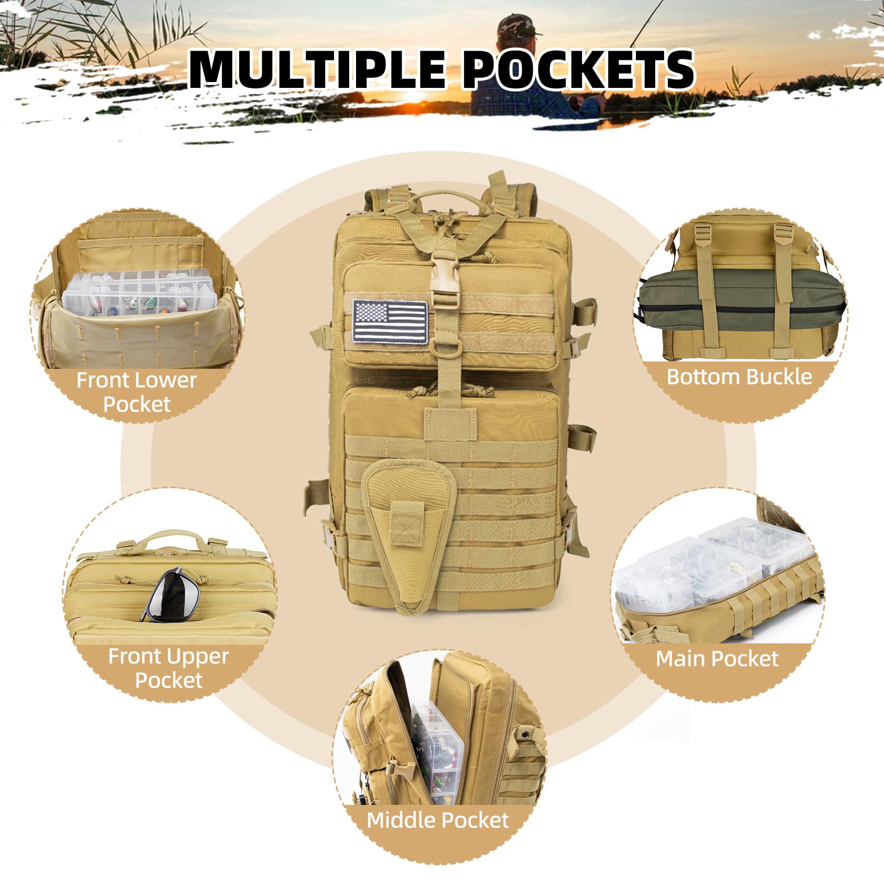 Side view showing rod holders and side pockets