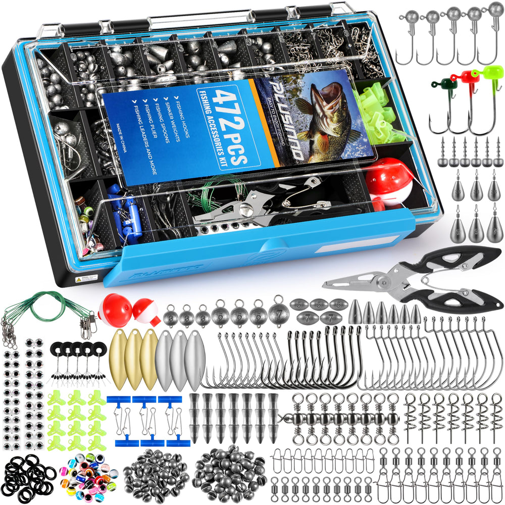 Front view of the 472PCS fishing tackle kit in a waterproof box