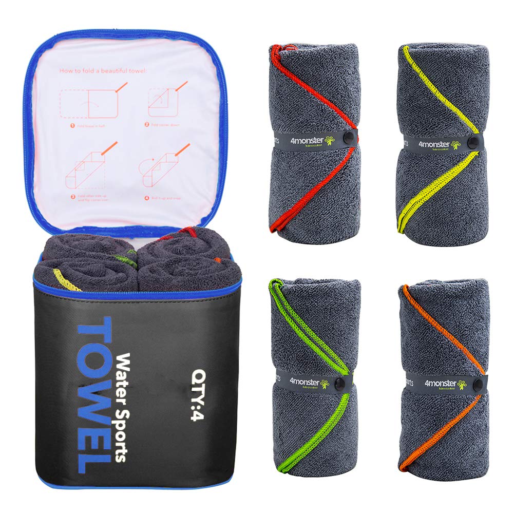 4Monster 4-pack microfiber towels with color seams for easy family identification during trips