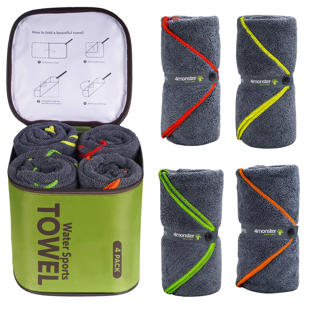 4Monster 4-pack microfiber towels with colorful seams for family tracking and quick drying.