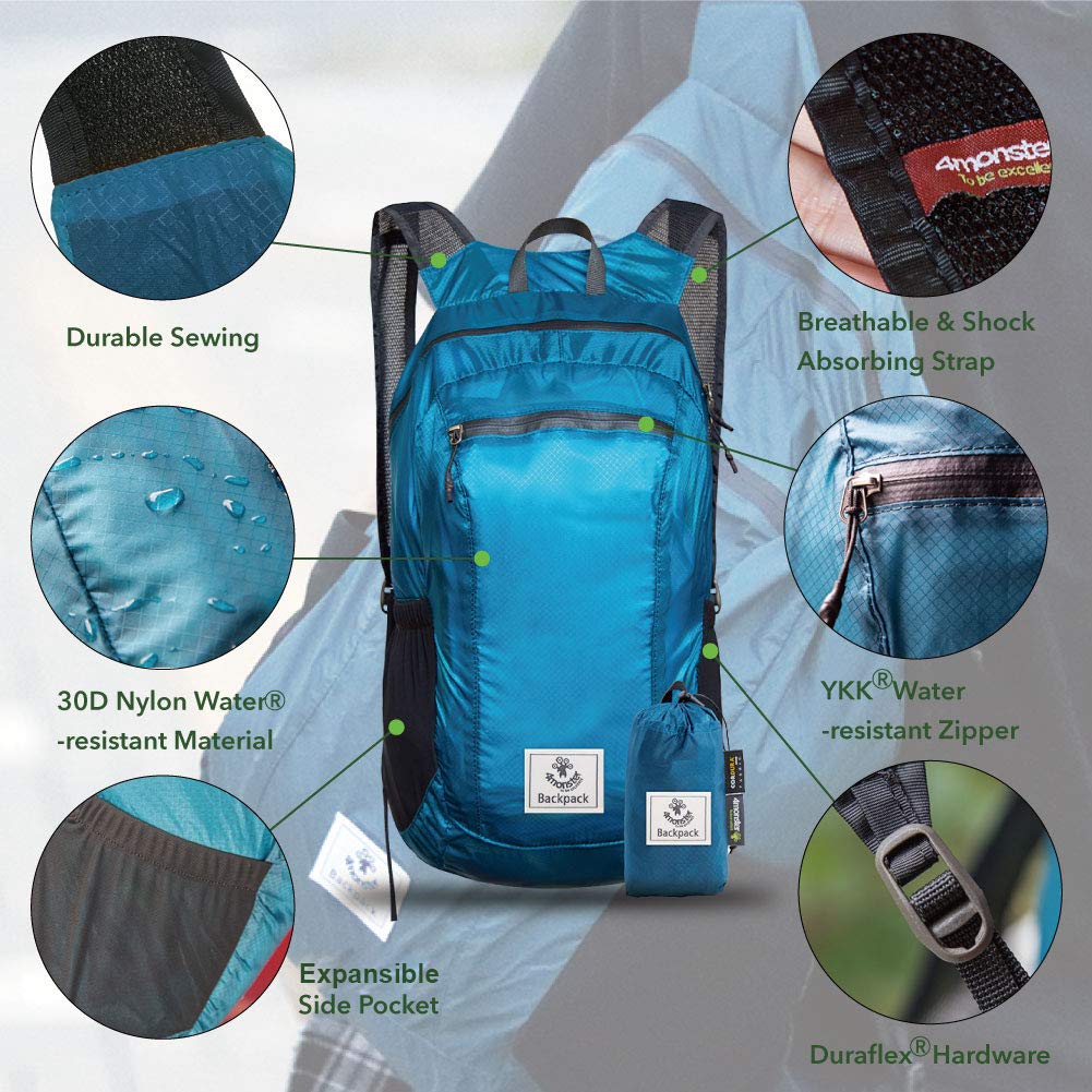 4Monster Hiking Daypack blue side pocket highlights easy-access storage