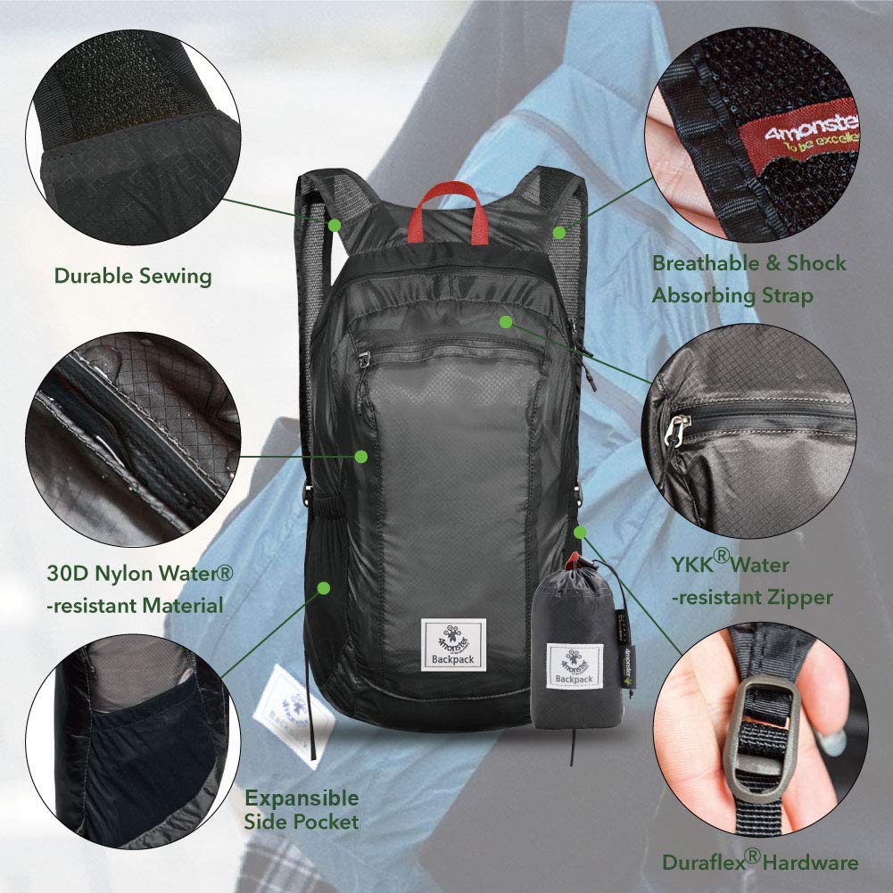 4Monster hiking daypack folded grey 24L demonstrates easy packing for minimalist trips.