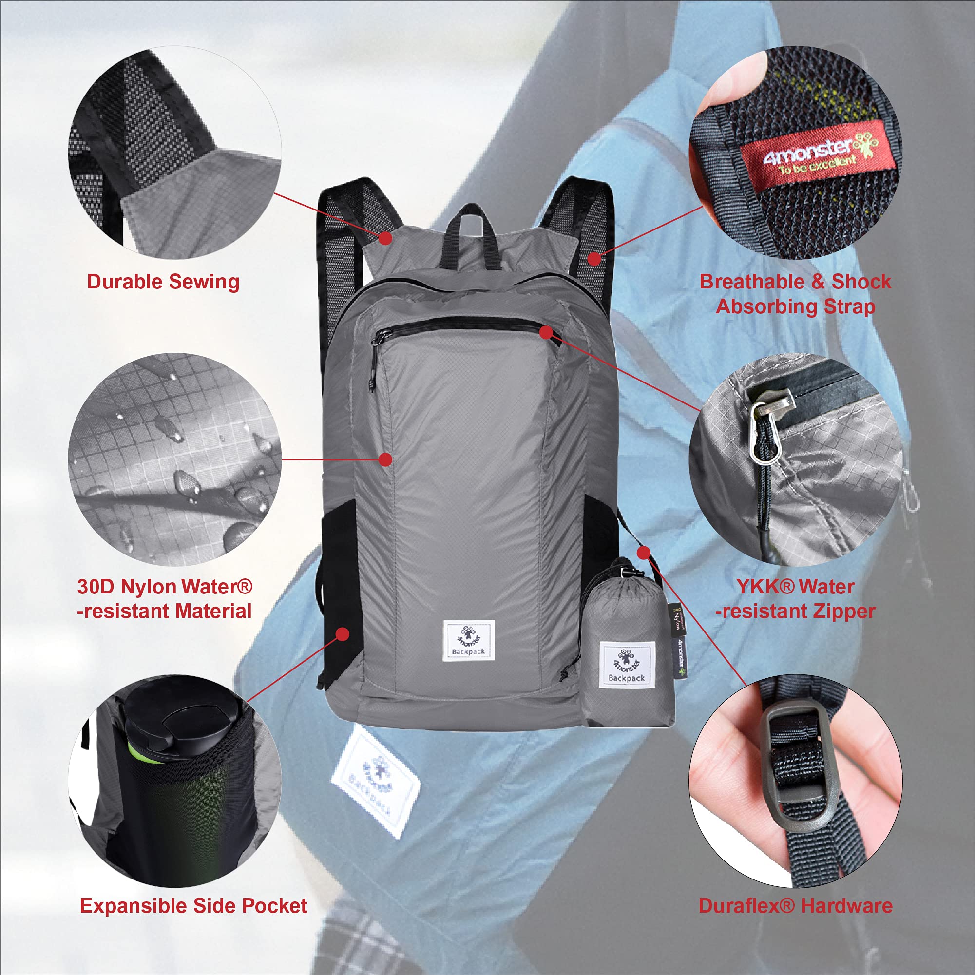 4Monster Hiking Daypack folded wallet-size demonstrates compact storage for pockets.