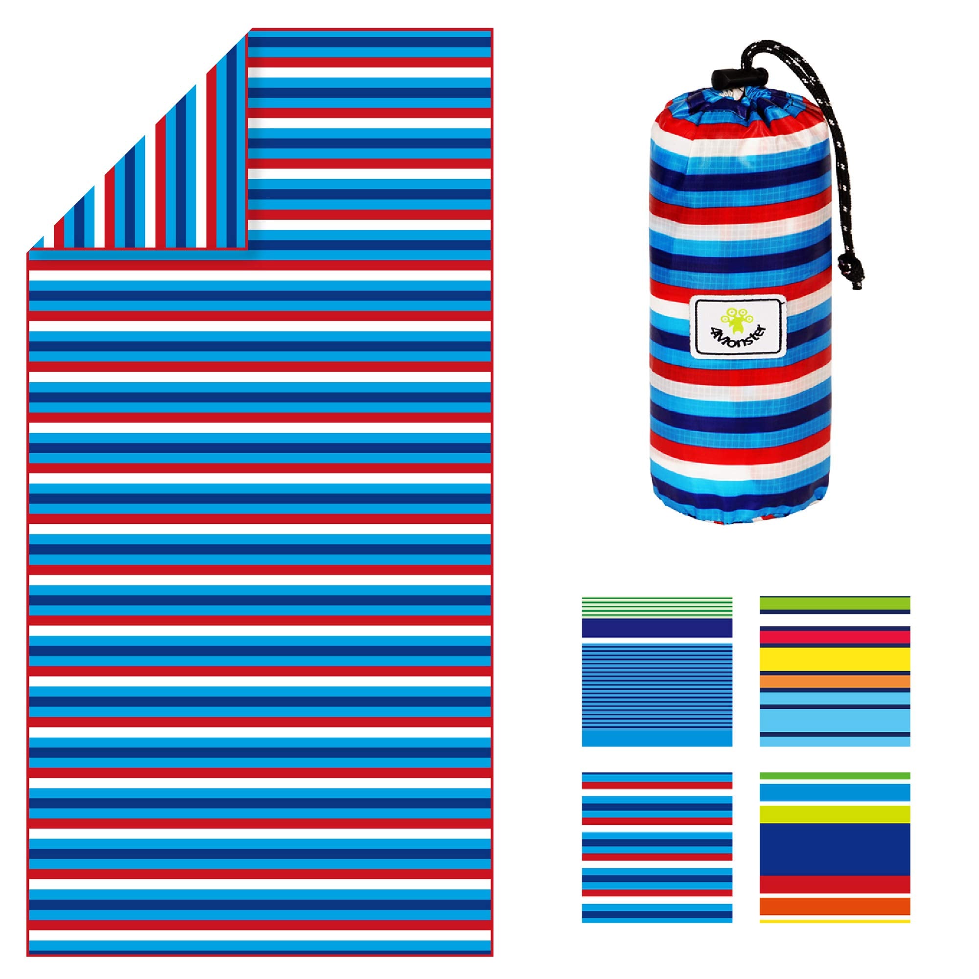 4Monster microfiber beach towel close-up shows quick-dry action for travel and pool days.