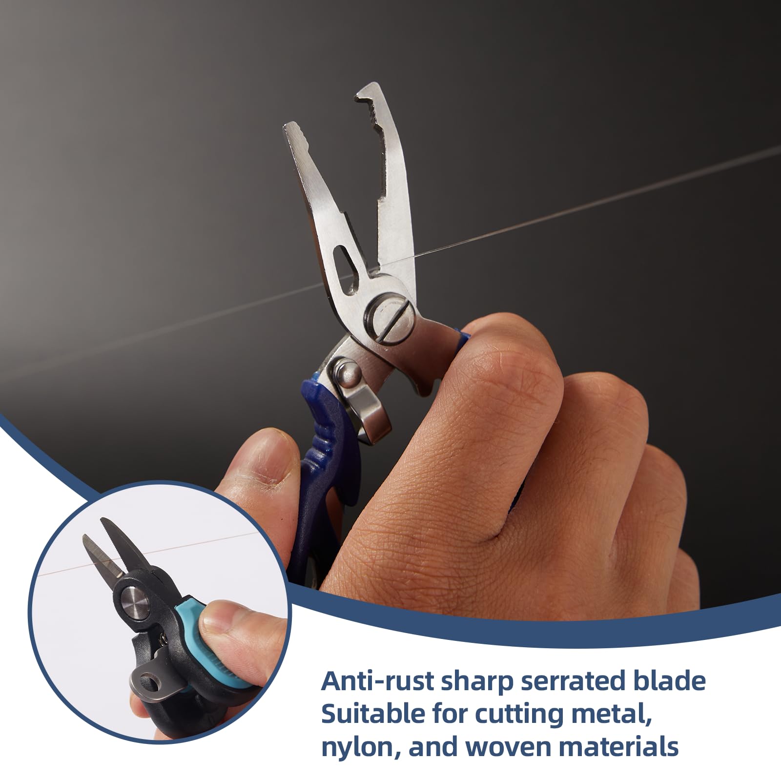 Close-up of titanium-coated line scissors cutting fishing line