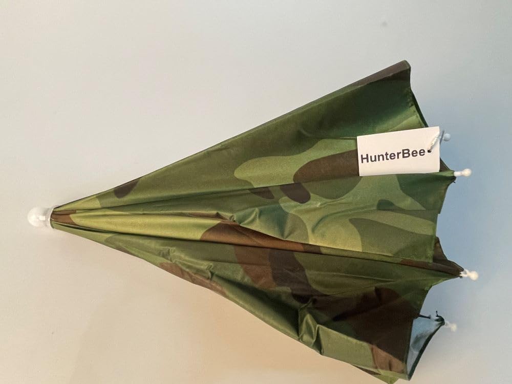 People wearing camouflage umbrella hats during outdoor activities