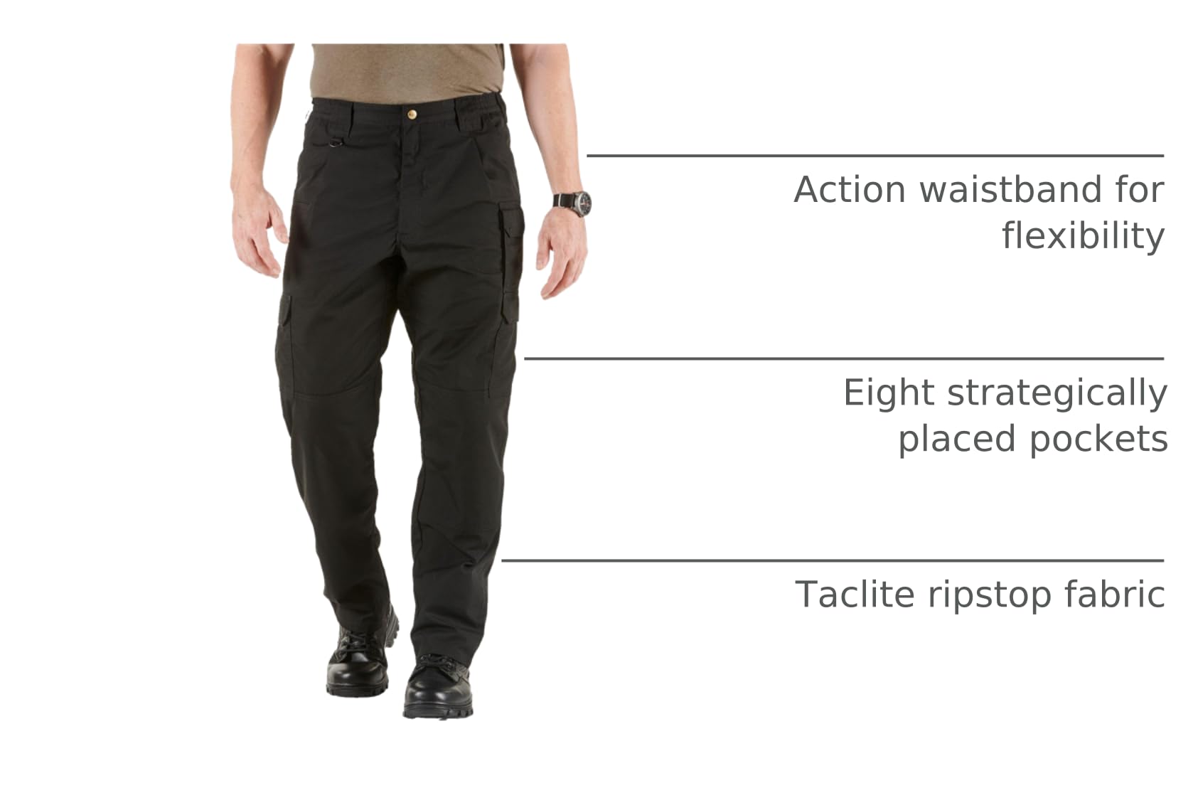 5.11 Taclite Pro ripstop pants knee reinforcement close-up emphasizes durability during kneeling tasks.