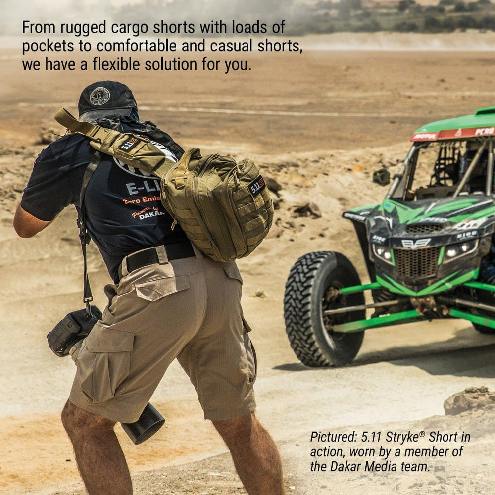5.11 Tactical cargo shorts showing an 11-inch inseam balancing coverage and mobility.