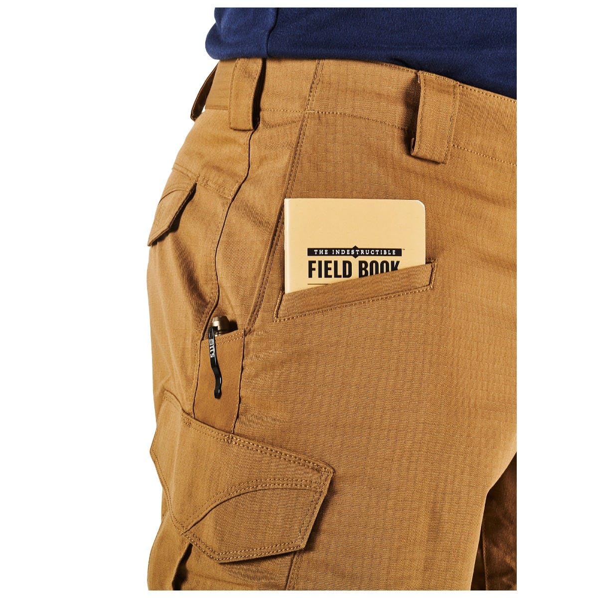 5.11 Tactical shorts inseam close-up demonstrates 11-inch length for mobility.