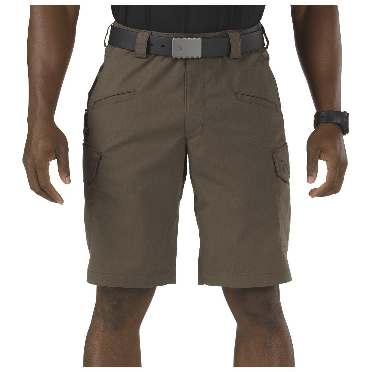 5.11 Tactical cargo shorts fabric close-up shows durable Flex Tac ripstop for tough environments.