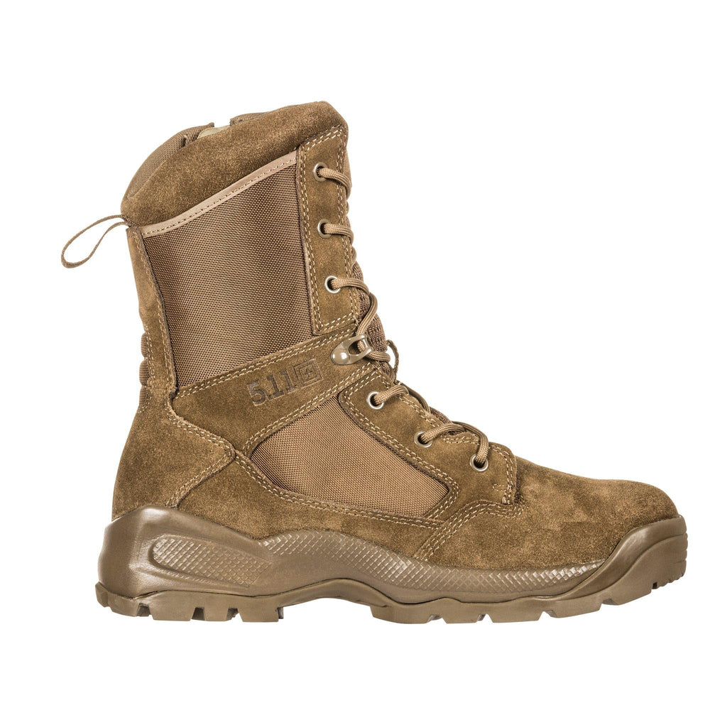 5.11 tactical side-zip men's boots desert 8in front view, rugged design for quick transitions.