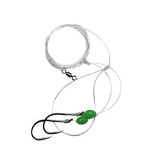 Five-pack hi-low rig octopus hooks 4/0 in green, USA made, on display