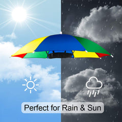 Open rainbow umbrella hat showing the 50 cm canopy